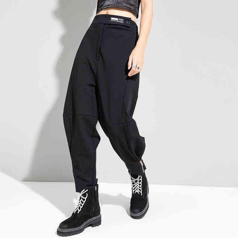 [EAM] High Waist Black Long Wide Leg Zipper Striped Trousers Loose Fit Pants Women Fashion Spring Autumn 1DD1519 211115