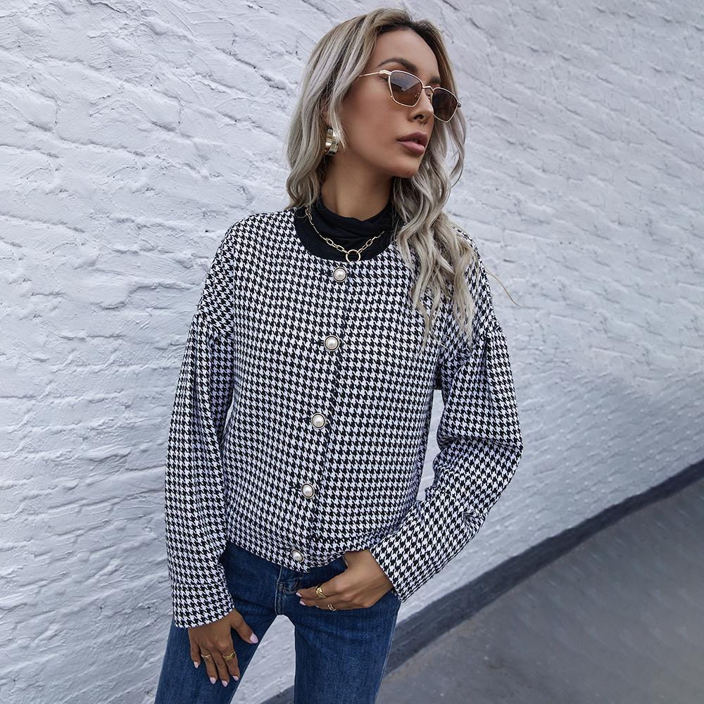 Fashion Coats And Jackets Black Elegant Ladies Plaid Houndstooth Buttons Autumn Winter Clothes Women Outerwear New Fall 210415