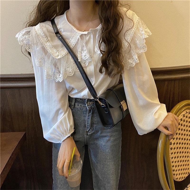 office lady women shirts fairy peter pan collar basic blouses long sleeve chic all match lace chiffon puff sleeves casual, White
office lady women shirts fairy peter pan collar basic blouses long sleeve chic all match lace chiffon puff sleeves casual, White