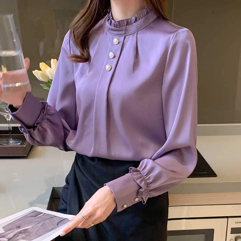 Korean Women Silk Blouses Shirts Woman Satin Tops Long Sleeve Beading Blouse Shirt Ladies 210604