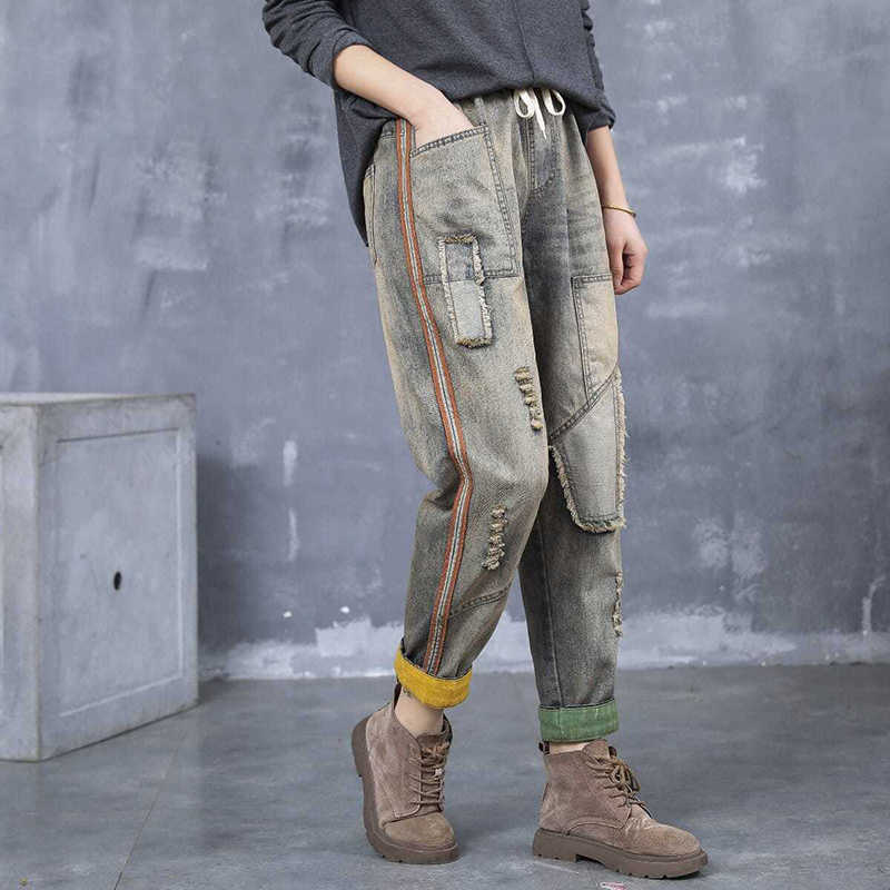 Arrival Spring Arts Style Women Elastic Waist Cotton Denim Harem Pants Patchwork Pocket Vintage Loose Ripped Jeans S582 210922