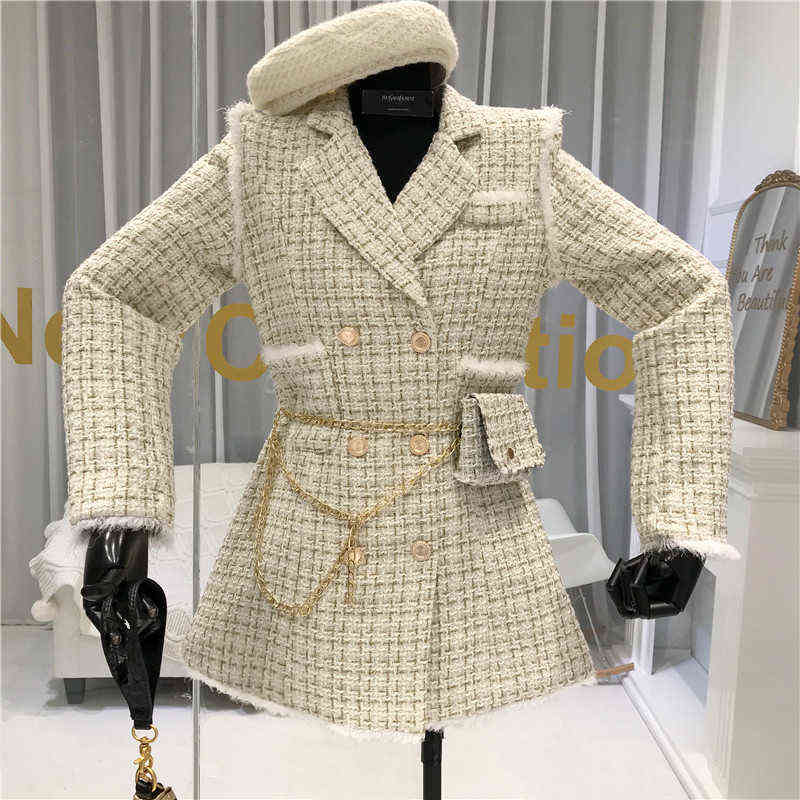 Gold thread Plaid Suit Coat Women Notched Double breasted Feather Tassel Trim Slim Tweed Jacket With Free Belt bag 211104