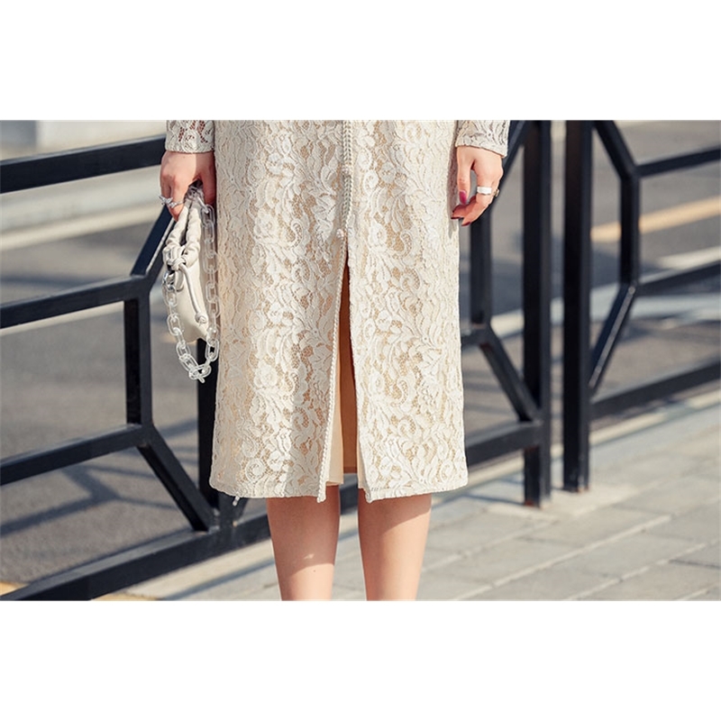 Sexy Split Lace Vestidos Women Transparent Long Sleeve Bodycon Square Collar Mid-Length Dresses Vedtidos 210520
