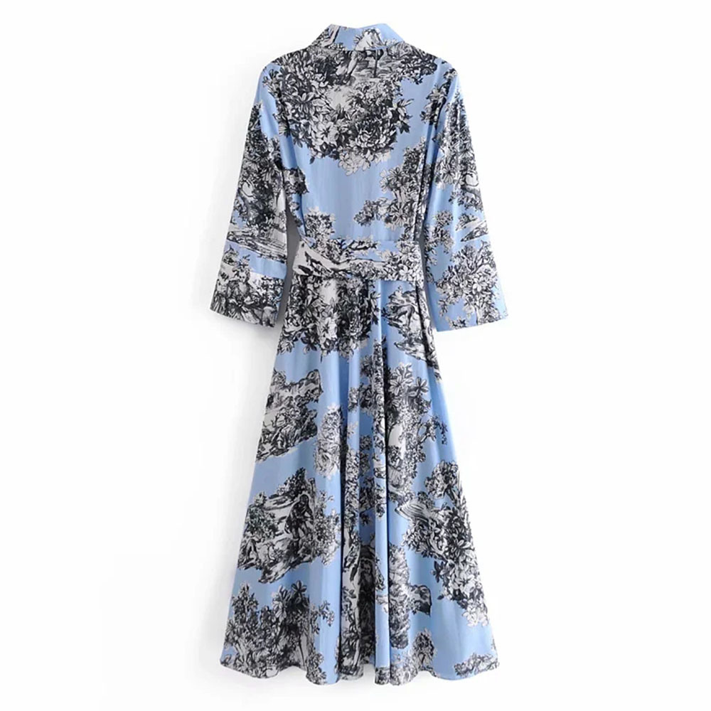 BBWM Women Chic Fashion With Belt Print Midi Shirt Dress Vintage Long Sleeve Button-up Female Dresses Vestidos Mujer 210520