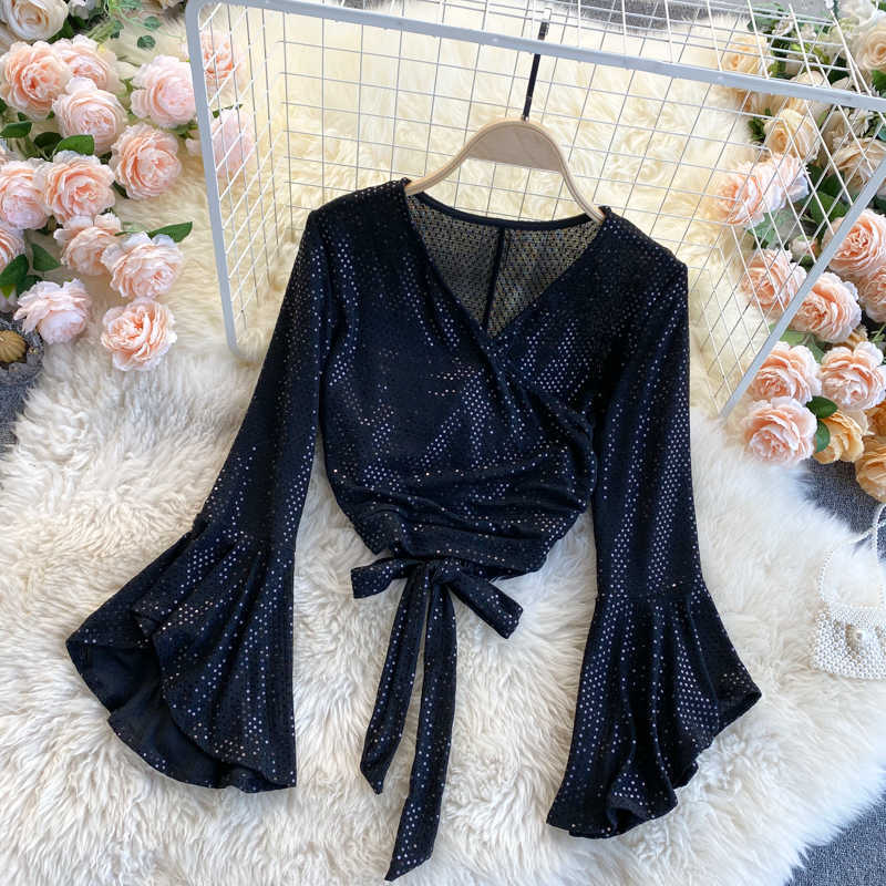 Women Bow Drawstring Blouse Spring V Neck Flare Sleeve Tops Korean Solid Sequins Streetwear Short Blouses 210602, Golden
Women Bow Drawstring Blouse Spring V Neck Flare Sleeve Tops Korean Solid Sequins Streetwear Short Blouses 210602, Golden