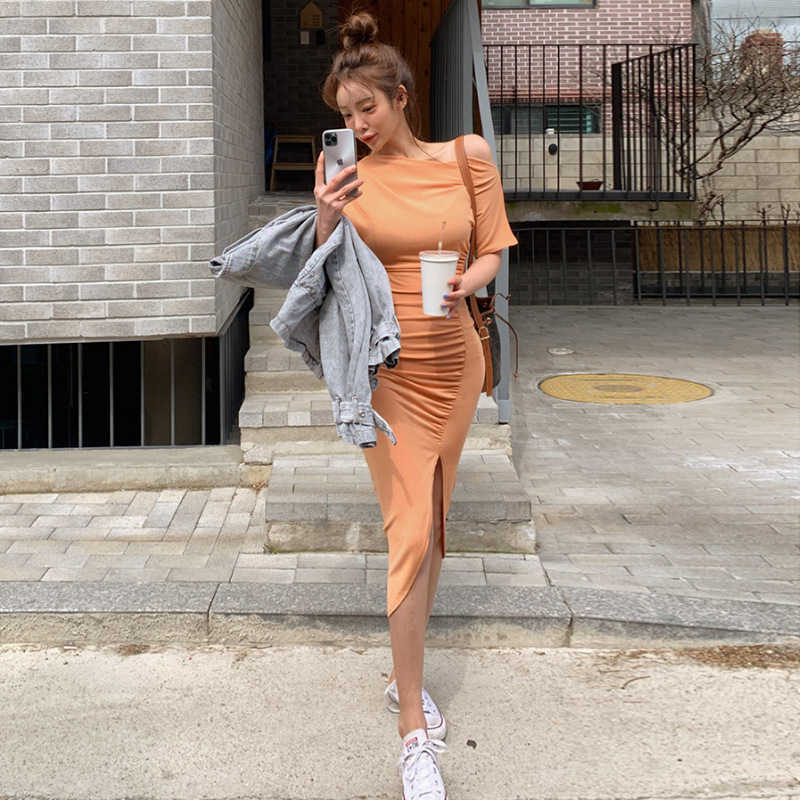 WOMENGAGA Korea summer sexy slim Strapless Diagonal collar fold show thin split long dress dresses robe maxi C0GH 210603