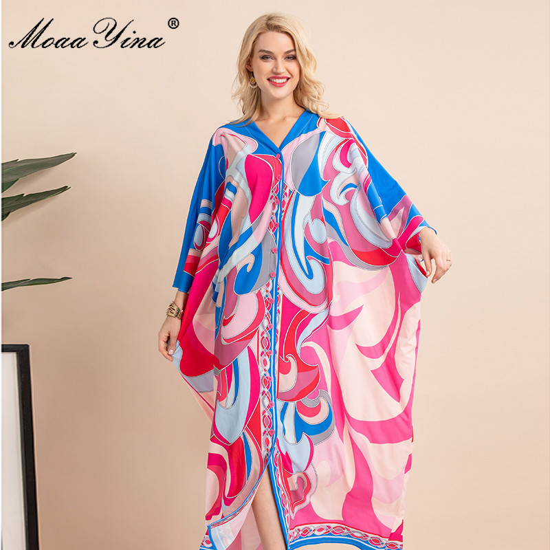 Bohemian Women's Summer Printed Single-breasted Batwing Sleeve V-Neck Loose Floor Long Length Kafatan Dress 210524