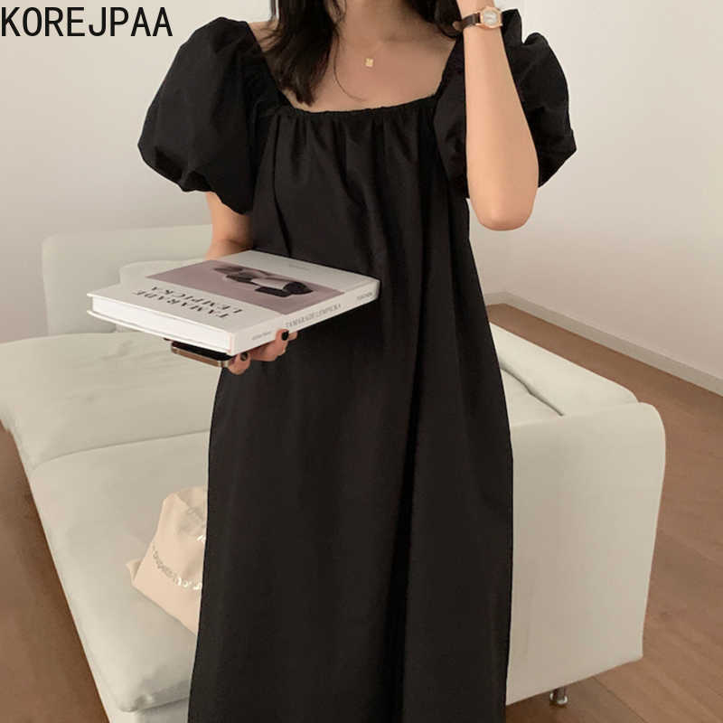 Korejpaa Women Dress Summer Korean Chic Square Neck Open Back Pleated Loose and Versatile Bubble Sleeve Dress Long Vestido 210526