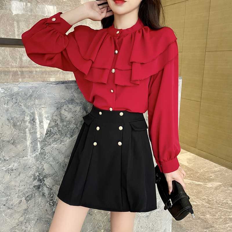 Spring Two piece set Women Red Ruffles Patchwork Long Sleeve Chiffon Shirt Top + Black A-line Mini Skirt Suits 210526, Photo color
Spring Two piece set Women Red Ruffles Patchwork Long Sleeve Chiffon Shirt Top + Black A-line Mini Skirt Suits 210526, Photo color