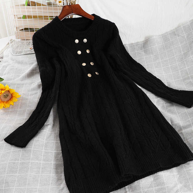 DEAT Women Temperament Slim Knitted Dress Long Sleeve Round Collar High Waist ButtonFashion Spring Autumn MZ970 210709