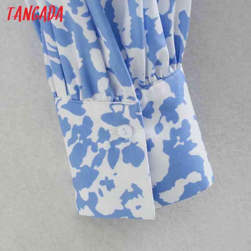 Fashion Women Blue Floral Print A-line Long Sleeve High Street Ladies Midi Dress XN311 210416