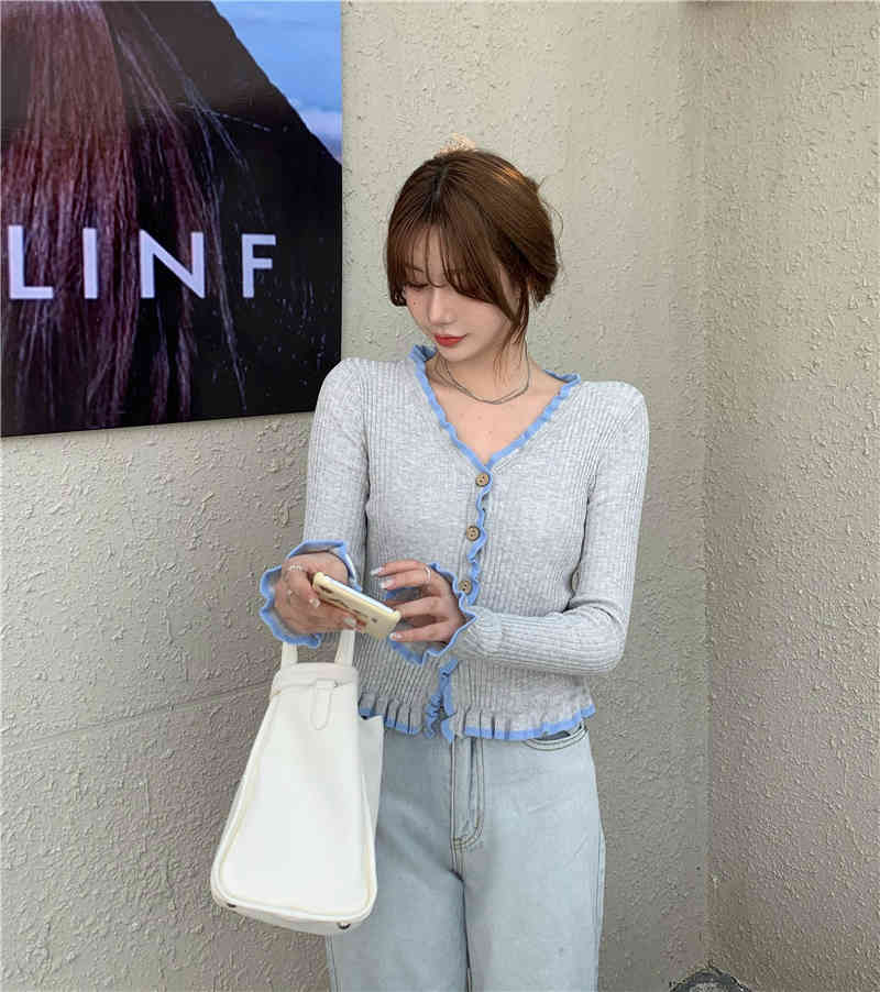 MATAKAWA Ruffle Gray Knitted Cardigan Women's Spring Single Breasted Sweters for Women Long-sleeved Jacket Slim Short Top 210513