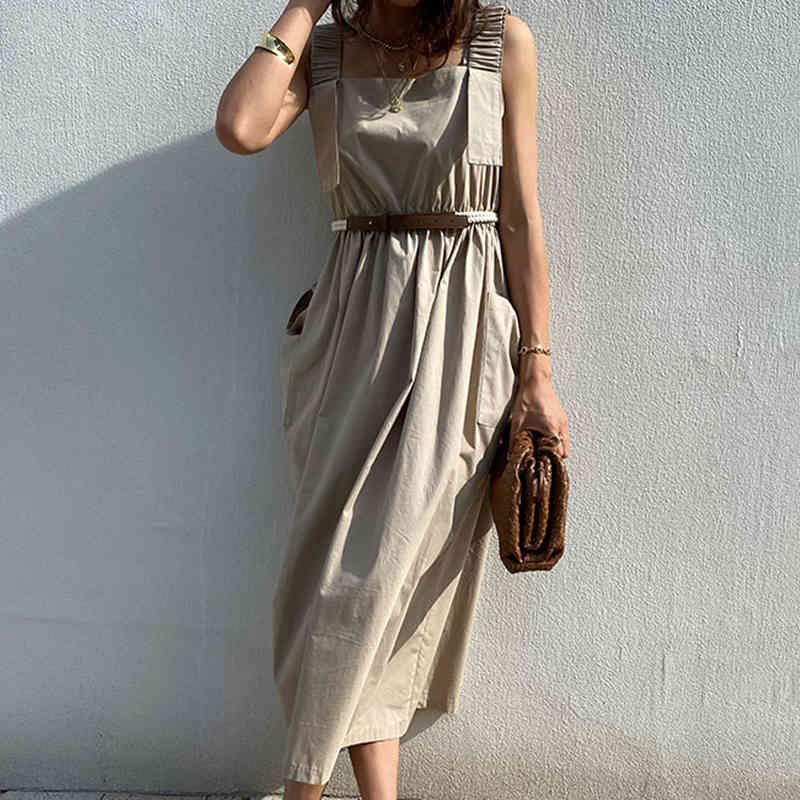 Nomikuma Korean Pleated Tank Dress Causal Pockets A-line Vestidos Femme Belt Slim Waist Sleeveless Square Collar Dresses 6H367 210427