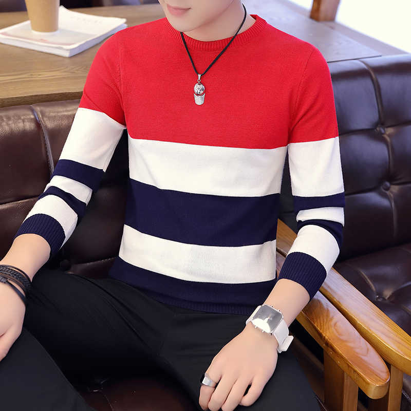 Spring Autumn Men Sweater Big Stripe Streetwear Casual Slim Fit Male Clothing Long Sleeve Knitted Pullovers O-Neck C252 210818