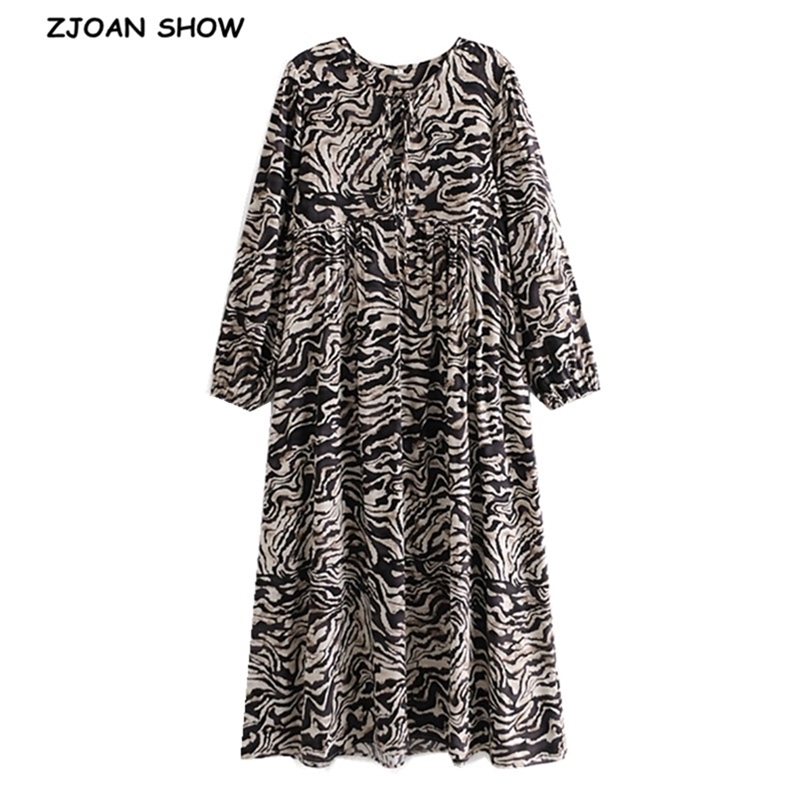 Bohemia Bandage Lacing up Collar Contrast color Zebra Print Dress BOHO Woman Long Sleeve Maxi Holiday Dresses Beach 210429