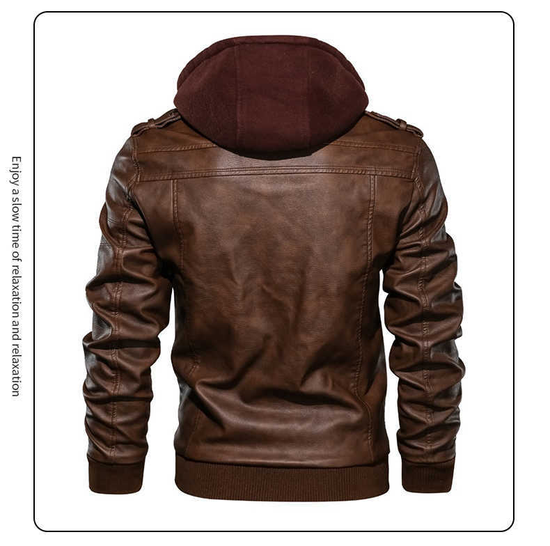 Mens Outwear Bomber Vintage Autumn Black PU Leather Casual Jacket Slim Fit Motorcycle Biker Coats Removable Hood 211009