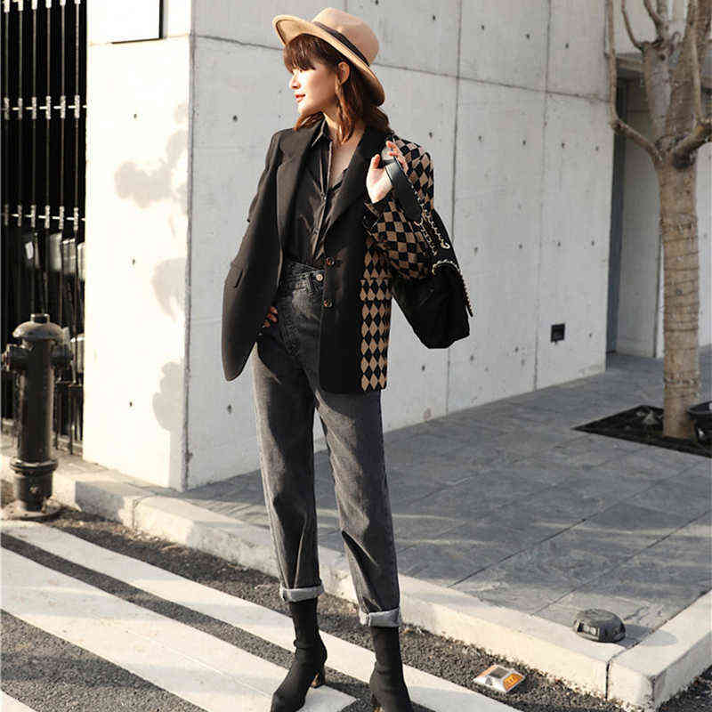 [EAM]Women Vintage Black Plaid Stitching Blazer Lapel Long Sleeve Loose Fit Jacket Fashion Spring Autumn 1DA745 211120