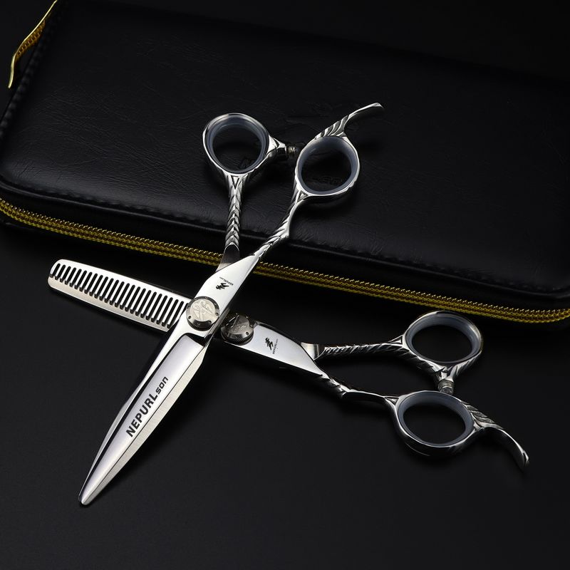NEPURLSON 6.0 inch left hand hair cutting scissors kit 440C stainless steel with leather case