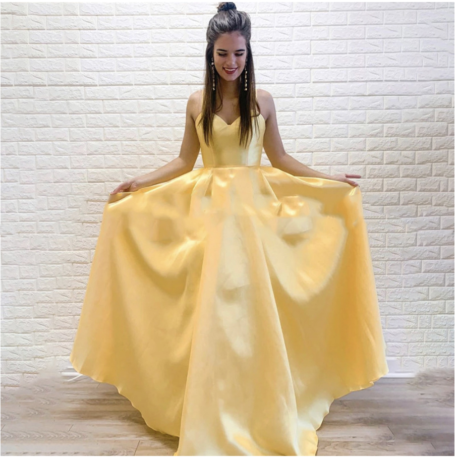 2021 New Arrival Lovely Yellow Puffy A Line Prom Dresses Long For Young Women Sweetheart Spaghetti Strap Party Gown