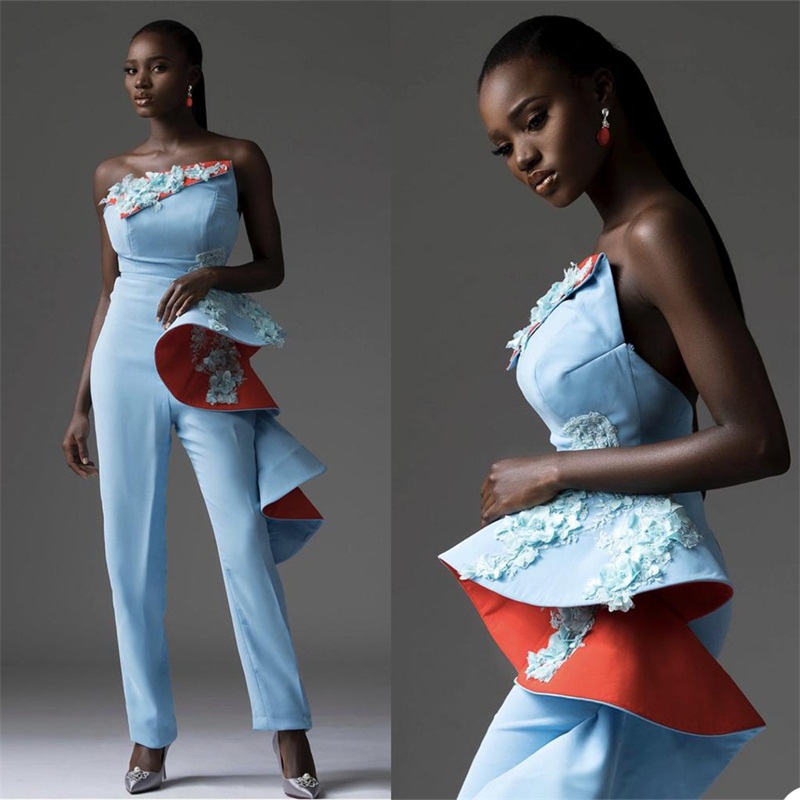 Modern Jumpsuits Evening Dresses With 3D Floral Appliqued Lace Tiered Satin Chic Formal Prom Dress Slim Fit Custom Made Sleeveless Party Gowns