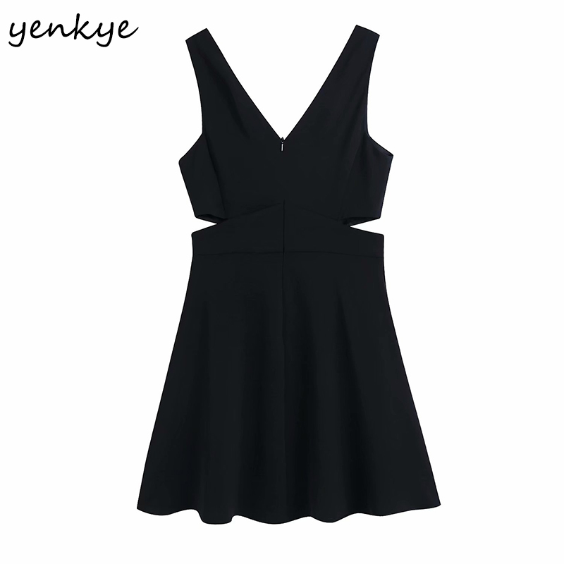 YENKYE Sexy Side Opening Waist Dress Women V Neck Sleeveless A-line Mini Vintage Black Dress Female Summer Tank Vestido 210515