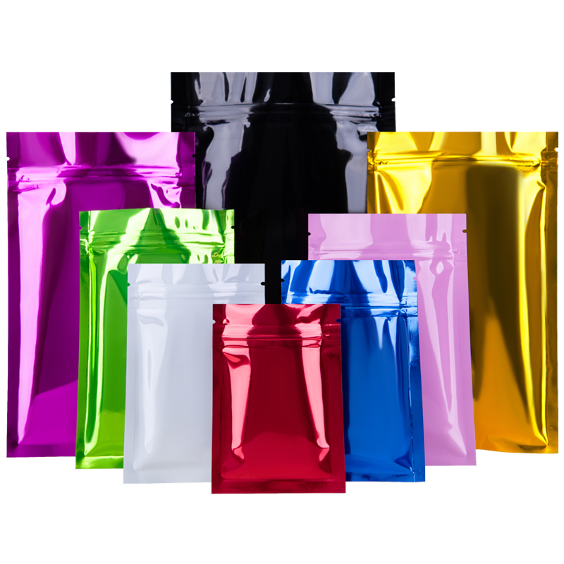 100pcs Flat Bottom Glossy Aluminum Foil Zip Lock Bag Resealable Food Powder Snack Nuts Coffee Beans Trial Heat Sealing Gift Pouches Support Printing