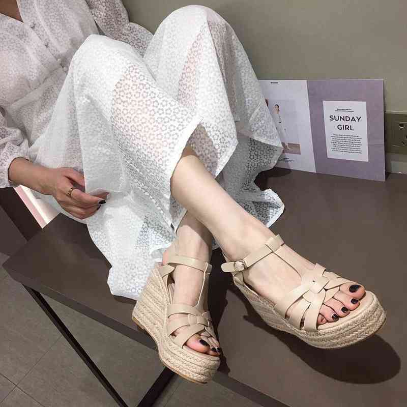 Sandals Slippers Fashion Weave Roman Style Wedge Heels Casual Black White Buckle Pumps Women Shoes Summer 220226