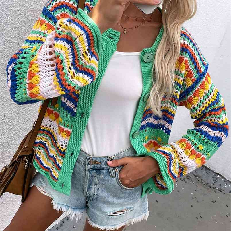 Aproms Elegant Rainbow Colored Long Sleeve Knit Cardigan Women Autumn Hollow Out Oversized Sweater Female Fashion Outerwear 210914
