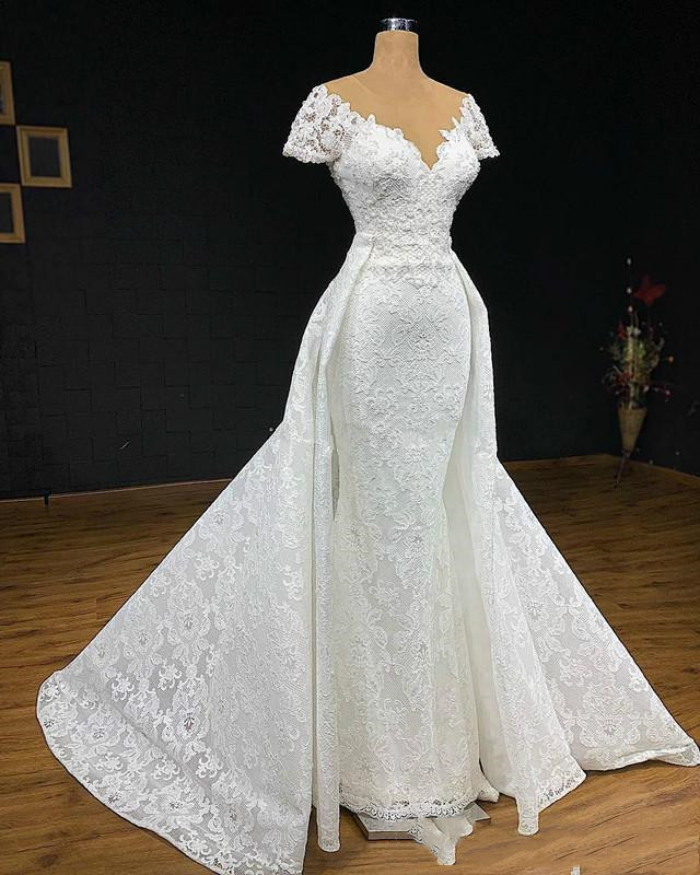 Luxury Lace Applique Wedding Dresses with Detachable Train 2021 Jewel Neck Mermaid Trumpet Princess beach Bridal Gown Robe De Mariée