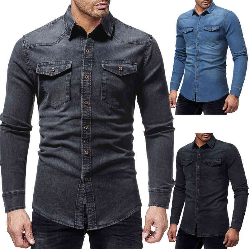 TANG Black Denim Shirt Men Casual Fit Slim Long Sleeve Shirts Autumn Cotton Jeans Dress Shirt Mens Clothing Plue Size 210410
