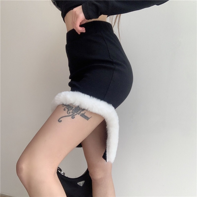 Sexy Women High Waist Spliced Faux fur Mini Skirt Black Y2K Stylish Cool Girl Package Hips Short Skirts Party 210429