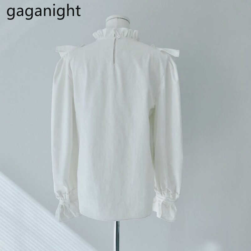 Chic Ruffles Women Blouses Fashion Solid White Stand Collar Slim Shirt Office Lady Korean Spring Autumn Blusas 210601