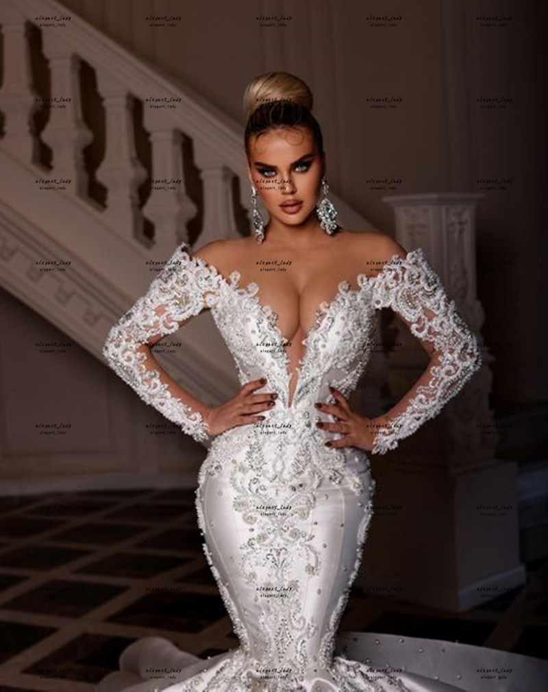 Off Shoulder Long Sleeve Wedding Dresses 2022 robe de mariage princesse luxe Mermaid Fishtail Floral Lace Backless Bridal Gown