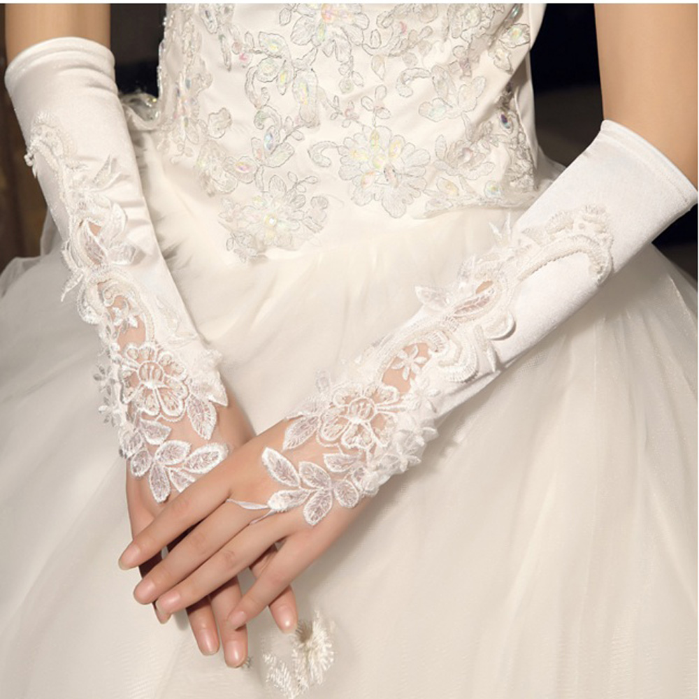 Bridal Gloves Beaded Embroidery Lace Bridal Gloves Elbow Length Pearls Fingerless For Wedding Gloves