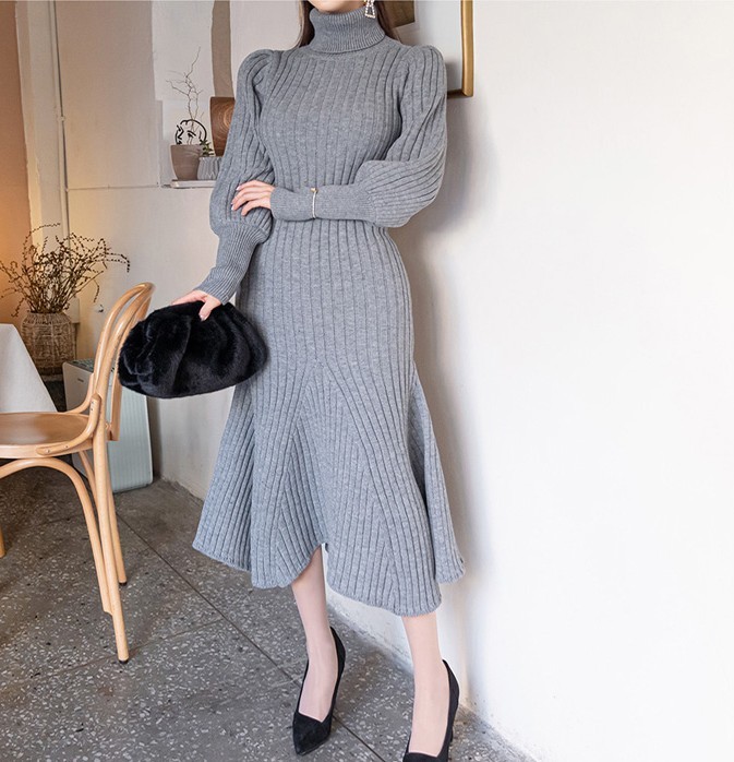 Autumn Winter Thick Knitted Mermaid Maxi Dress Women Warm Fashion Korean Lantern Sleeve Sweater Vestidos With Belt 210519