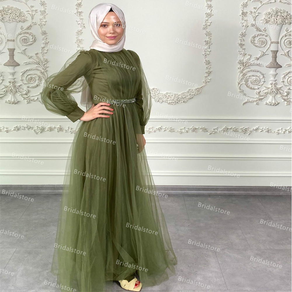 Unique Olive Green Muslim Evening Dress 2021 A Line Tulle Pleated Long Sleeve Arabic Turkey Party Gowns Beaded Belt Prom Dresses robe de soirée mariag