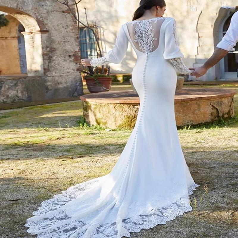 White Beach Mermaid Long Sleeves Bridal Dress Satin With Sweep Train Dresses Vestido De Novia Lace Wedding Gowns