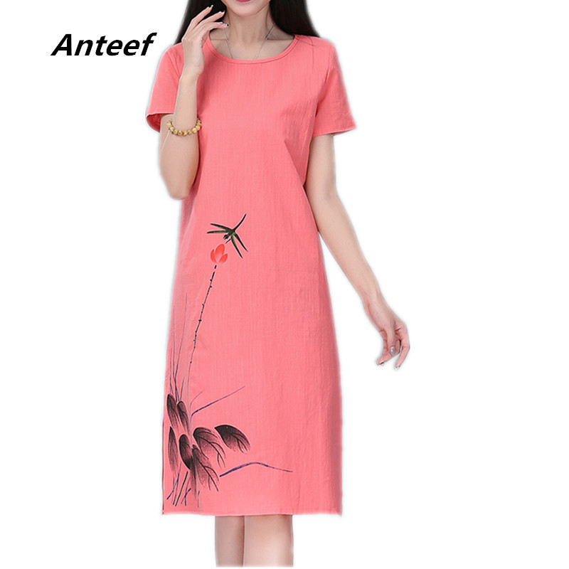 cotton linen plus size vintage floral women casual loose midi summer dress elegant clothes ladies dresses for sundress 210409