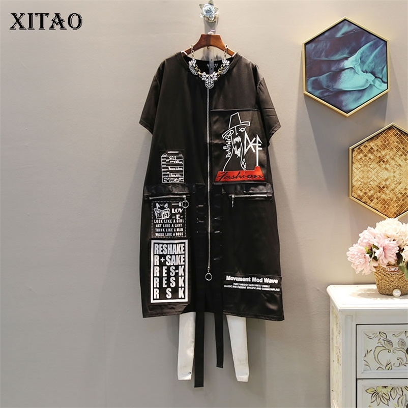 XITAO Tide Print Letter Plus Size Dress Suquined Elegant Women Irregular Pocket Korean Fashion Pullover Match All Summer DLL3176 210409