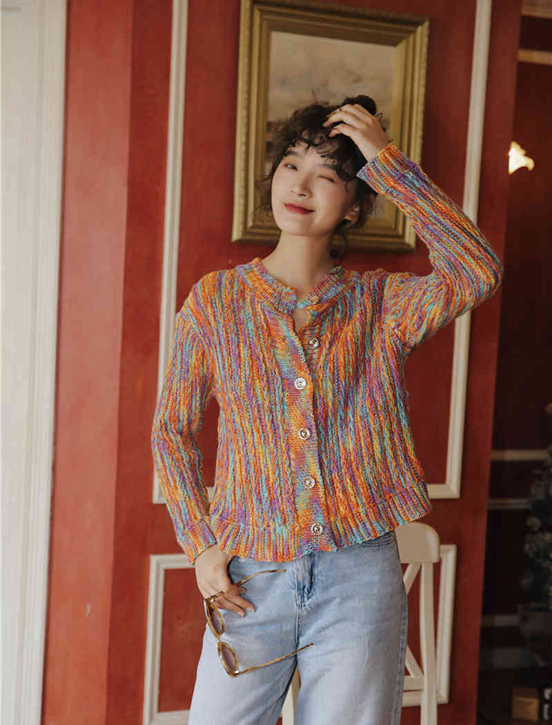 Autumn Colorful Sweater Cardigan Women Long Sleeve Button Up Rainbow Knitted Korean Fashion 210427