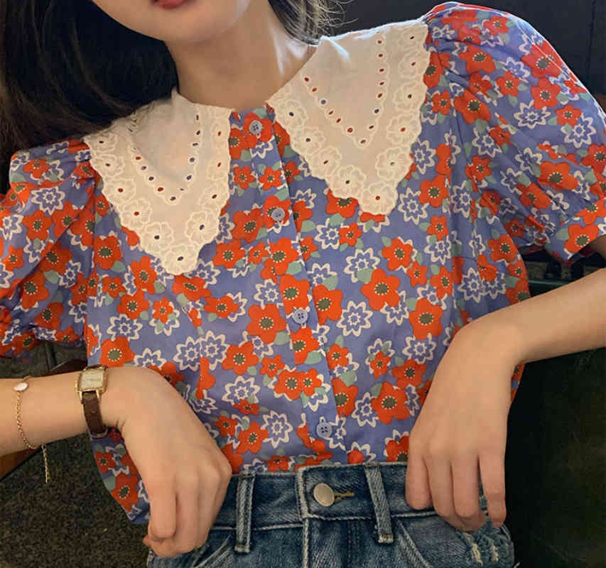 Floral Blusas Mujer Office Ladies Summer Tops Turn-down Collar Sweet Women Blouses Vintage Korean Print Cute Shirts 210519