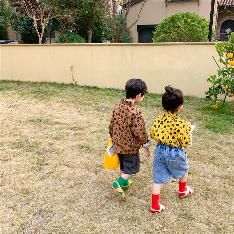 Spring Korean style unisex leopard shirts 2-7 years kids children fashion cotton casual long-sleeved Tops 210713
