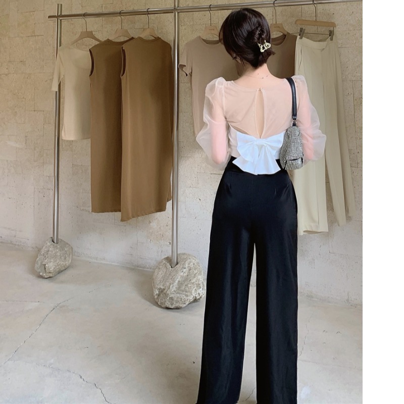 Nomikuma Sexy Slim Short Women Blouse Back Bowknot Hollow-out Blusas Femme New Perspective Mesh Patchwork Shirt 6C429 210427