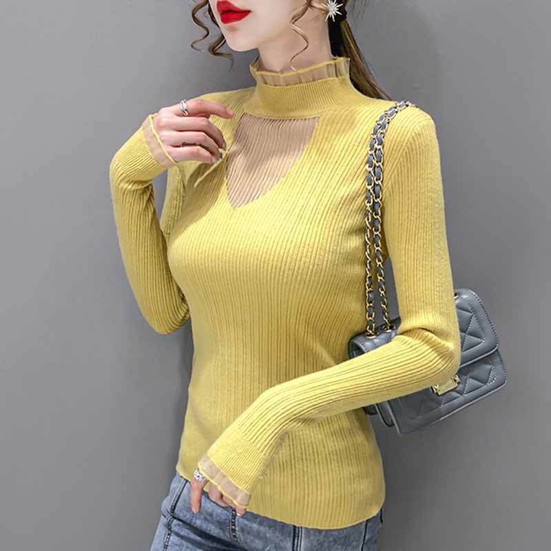 Sexy Temperament Knitted Jumper Net Yarn Splicing Turtleneck Sweater Women Inner Base Long Sleeve Slim Sweater Pull Femme 11591 210518