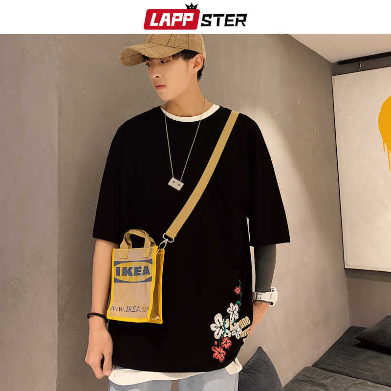 LAPPSTER Men Japanese Streetwear Crane Shirt Summer Mens Harajuku Black Shirts Male White Korean Loose ees Plus Size 210629
