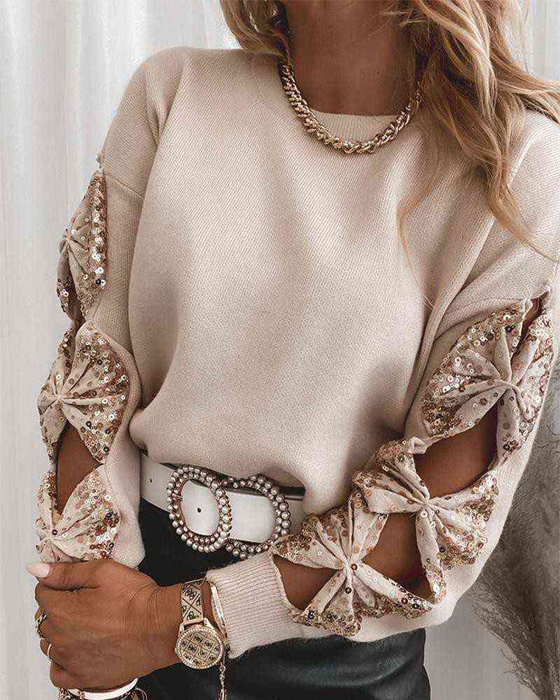 Autumn Elegant Shirt Top Trendy Sequin Bowknot Cutout Long Sleeve O-Neck/Halter Fitting Knitted Wild T-Shirt for Women Ladies Y211125
Autumn Elegant Shirt Top Trendy Sequin Bowknot Cutout Long Sleeve O-Neck/Halter Fitting Knitted Wild T-Shirt for Women Ladies Y211125