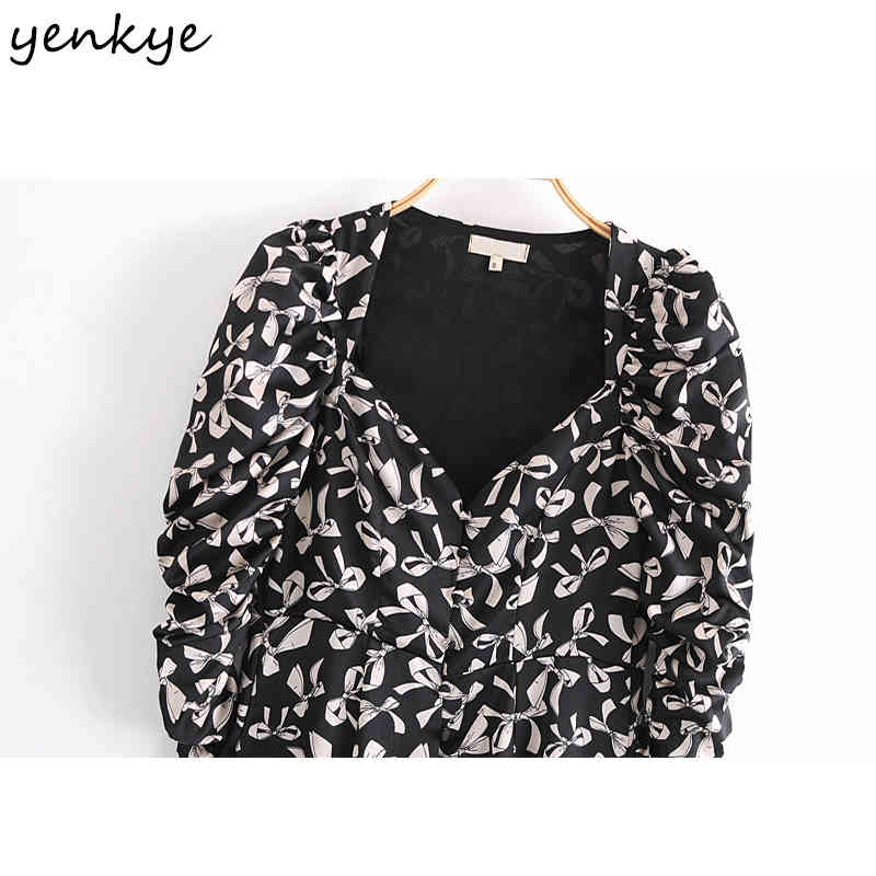 YENKYE Fashion Women Bow Pattern Print Long Maxi Dress Elegant Lady Sexy V Neck Puff Sleeve Draped Spring Dress Robe Longue 210515