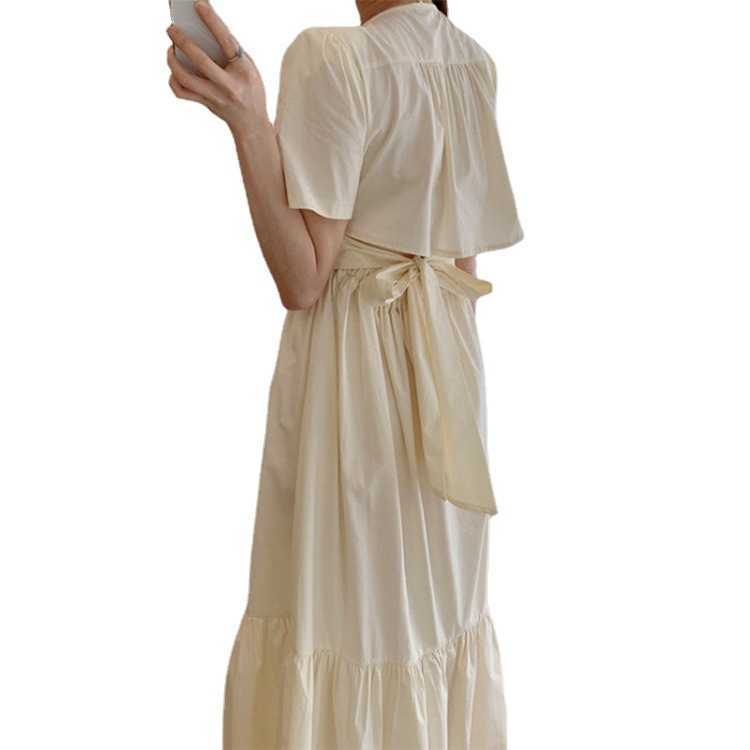 Spring and Summer Korean Fashion Elegant Sweet Backless Short-sleeved Dress with Bowknot Cotton Pleated Female 210615Z