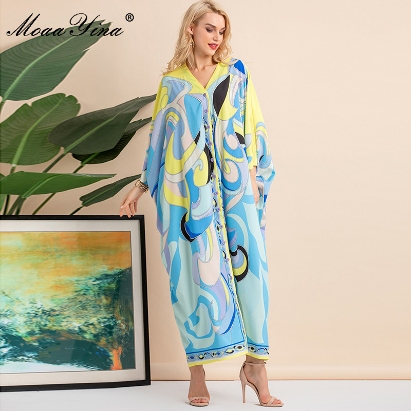 Women's Summer Long Dress Bohemian Style Multicolor V-Neck Batwing Sleeve Print Loose Maxi-Lenght Party 210524