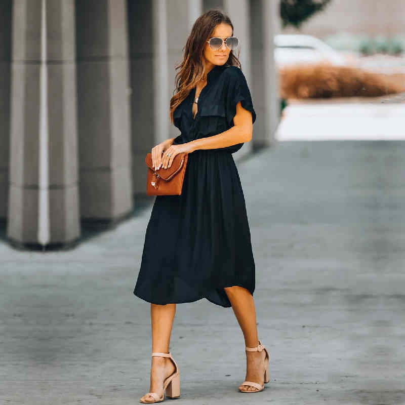 Casual Black Tunic Beach Cover Up Elegant V-neck High Waist Summer Dress Women wear Swimsuit Q1091 210420